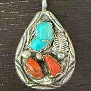 Sterling SilverTurquoise & Coral Inlay Pendant signed A Penketewa